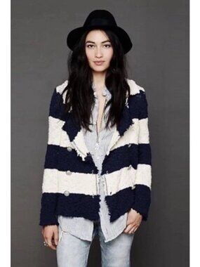 FREE PEOPLE Coat of Arms navy cream striped sweater distressed preppy S